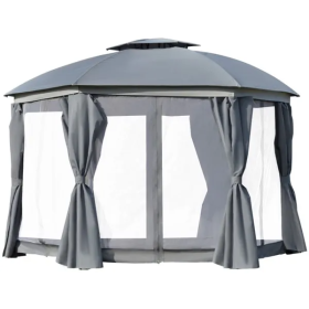 144x144 Inch Round Outdoor Gazebo, Patio Dome Gazebo Canopy Shelter With Double Roof, Netting Sidewalls And Curtains