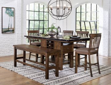 Dark Brown Finish 6pc Dining Set Storage Base Counter Height Table Bench 4 Counter Height Chairs Set Extension Leaf Drawers Wine Rack Table Base