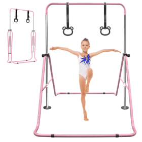 Functional Adjustable Height Children's Horizontal Gymnastic Bar With Bear Rings (Color: pink)